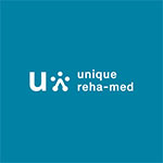 Unique Reha-med Logo auf t&uuml;rkisfarbenem Hintergrund